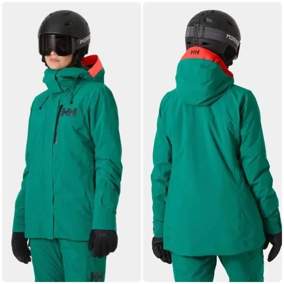 Helly Hansen Powshot Ski Long Jacket Coat Women Medium Green Hooded Snowboarding - Picture 2 of 16